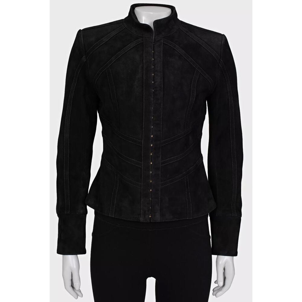 Balmain Black Suede Jacket with Gold Hardware - Size 38